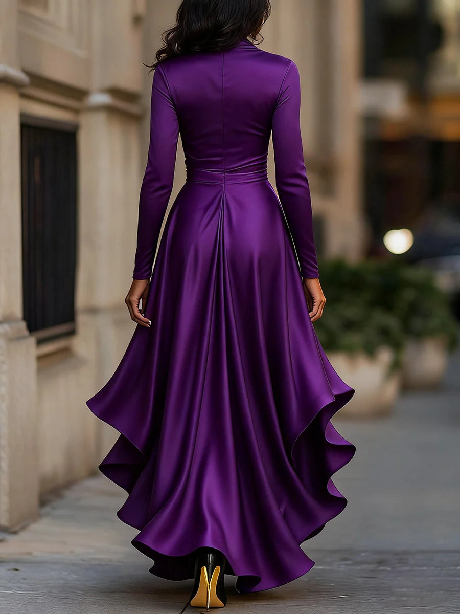 Cocktail Maxi Dress – Emerald Green Satin Wrap Ruffle Long-Sleeve