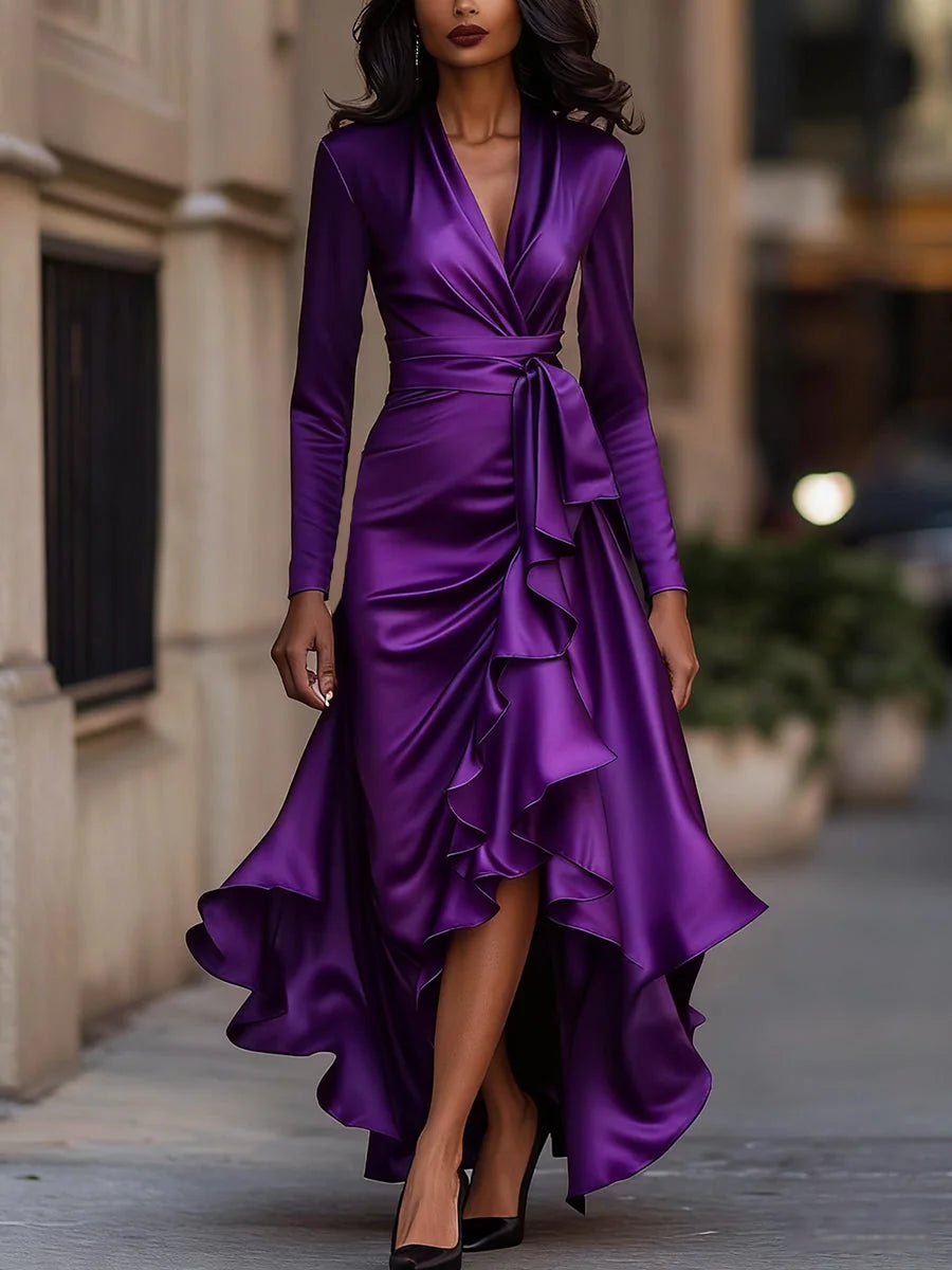 Cocktail Maxi Dress – Emerald Green Satin Wrap Ruffle Long-Sleeve