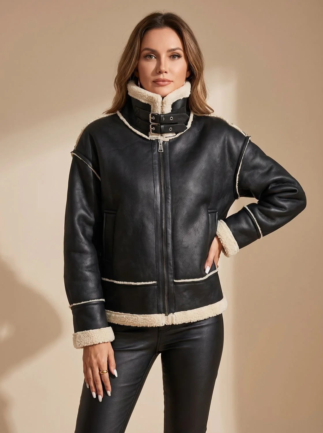 Faux Leather Bomber Jacket – Brown Aviator with Shearling-Look Trim