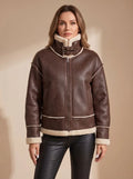 Faux Leather Bomber Jacket – Brown Aviator with Shearling-Look Trim