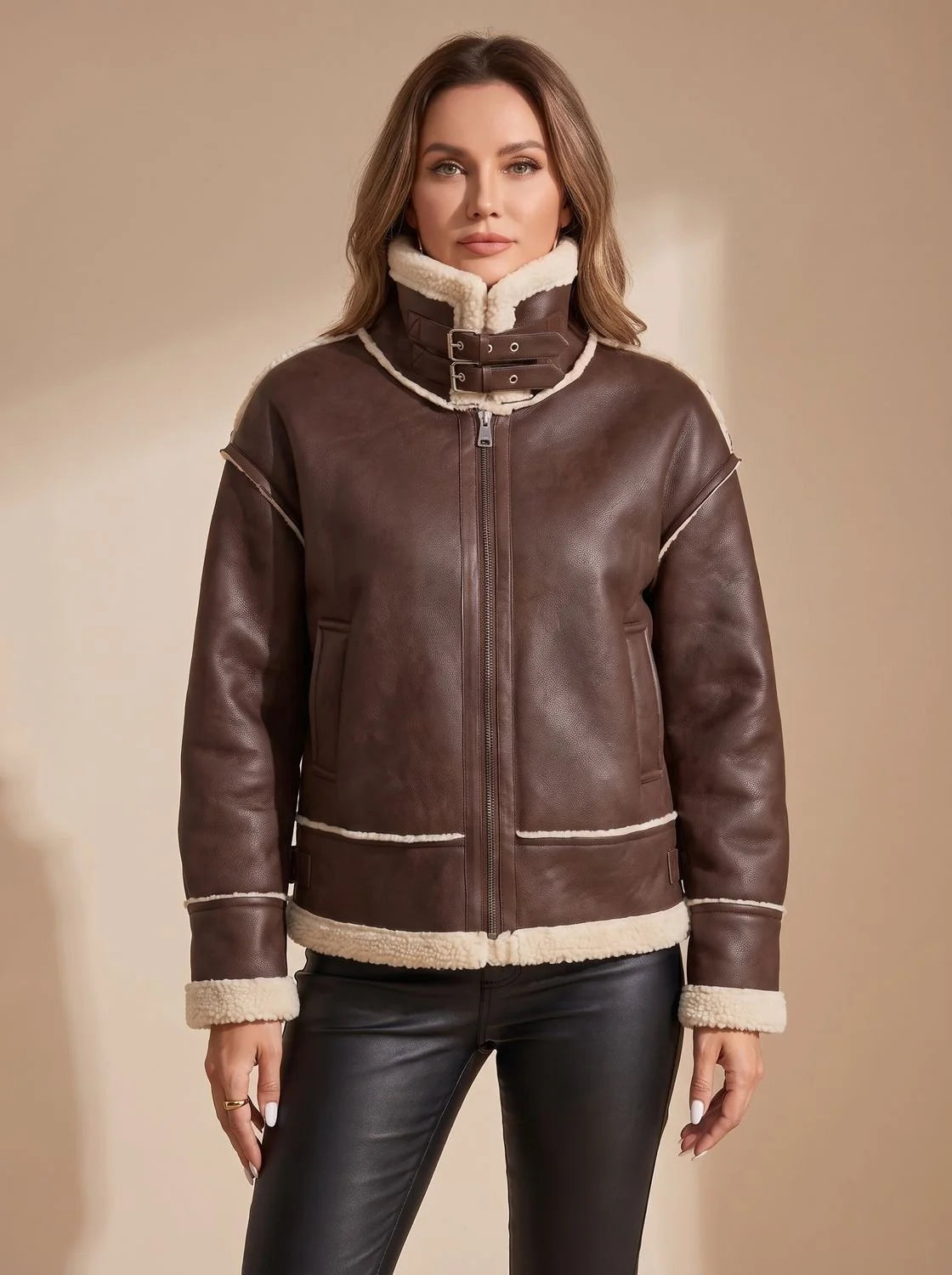 Faux Leather Bomber Jacket – Brown Aviator with Shearling-Look Trim