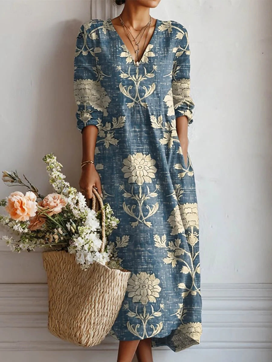 Floral V Neck A Line Midi Dress