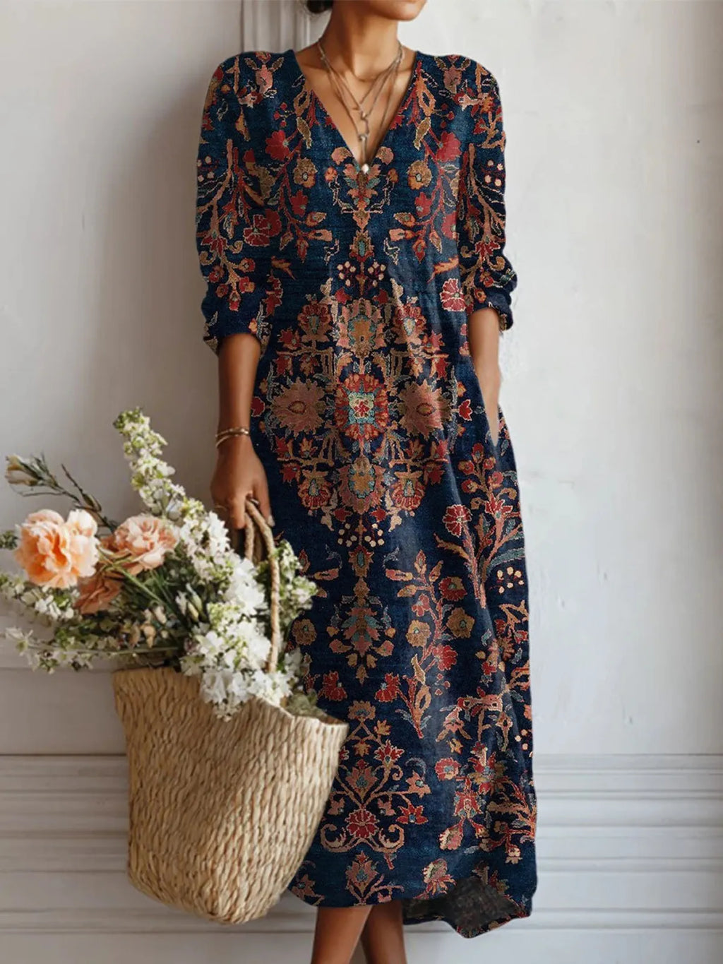 Floral V Neck A Line Midi Dress