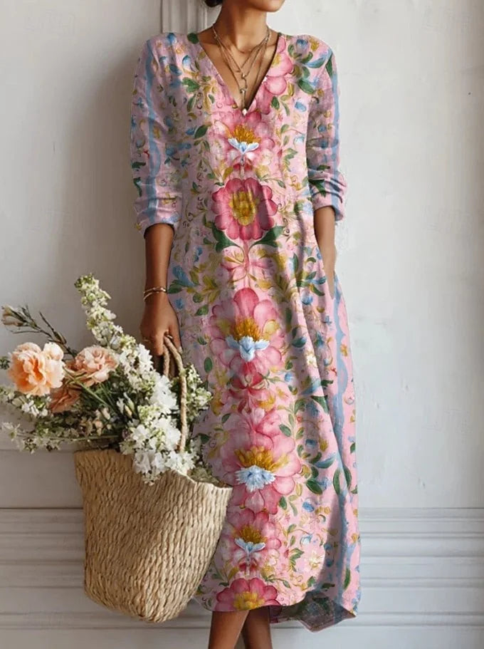 Floral V Neck A Line Midi Dress