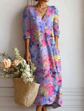 Floral V Neck A Line Midi Dress