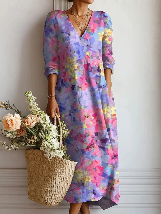 Floral V Neck A Line Midi Dress