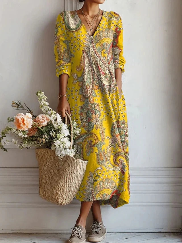 Floral V Neck A Line Midi Dress