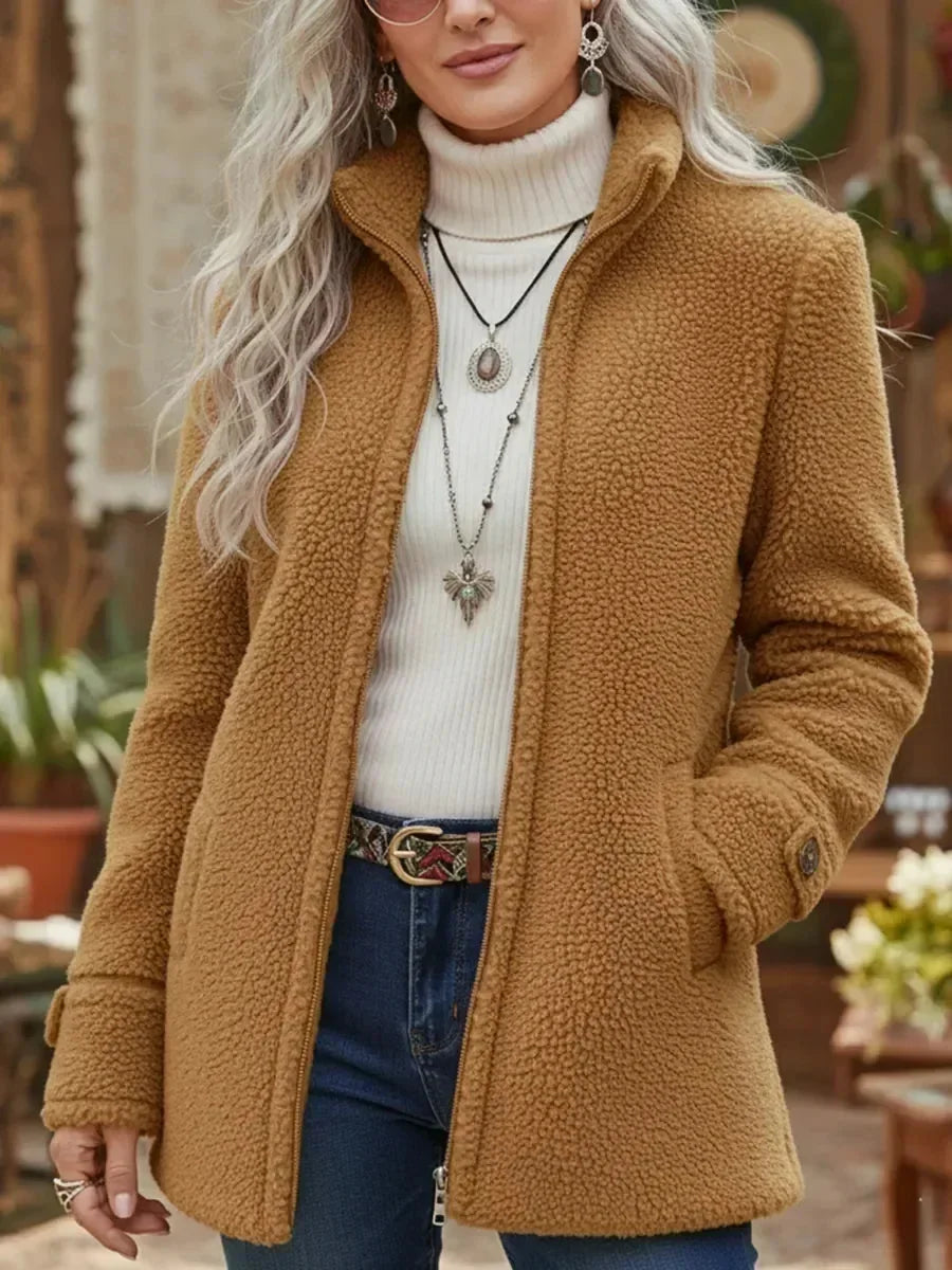 Fuzzy Cardigan – Camel Teddy Jacket with Stand Collar