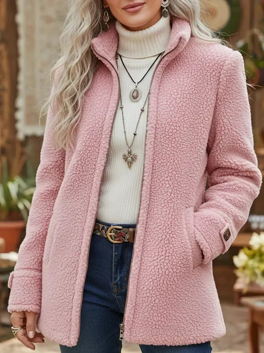Fuzzy Cardigan – Camel Teddy Jacket with Stand Collar