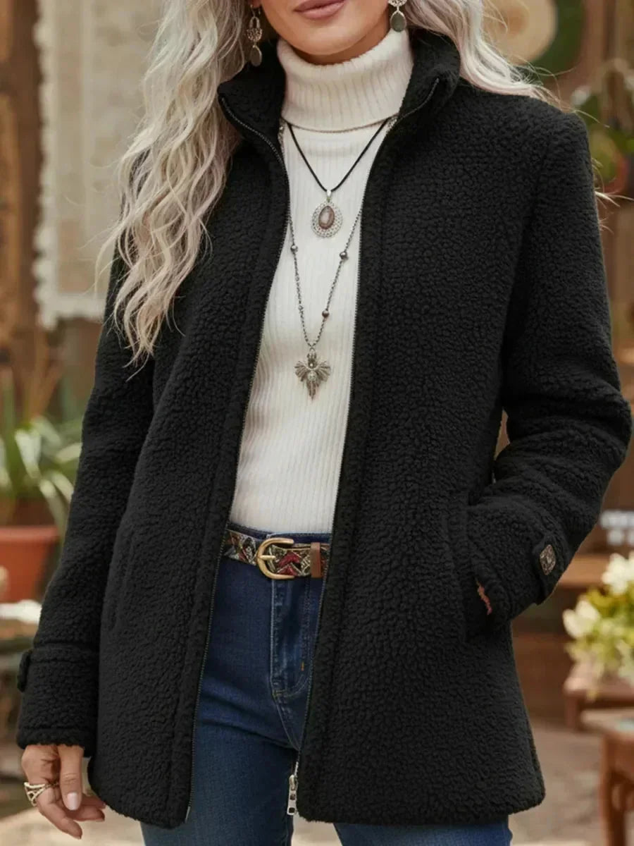 Fuzzy Cardigan – Camel Teddy Jacket with Stand Collar