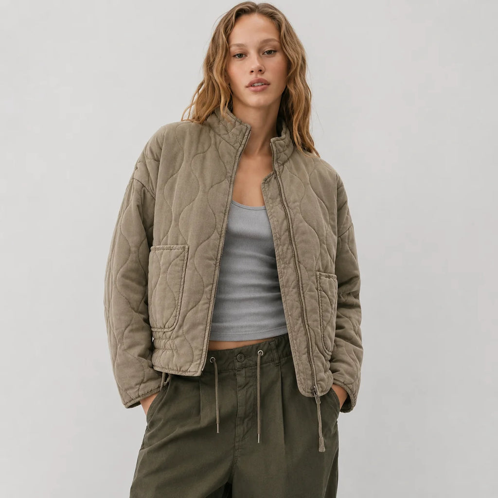 High Collar Quilted Jacket with Patch Pockets