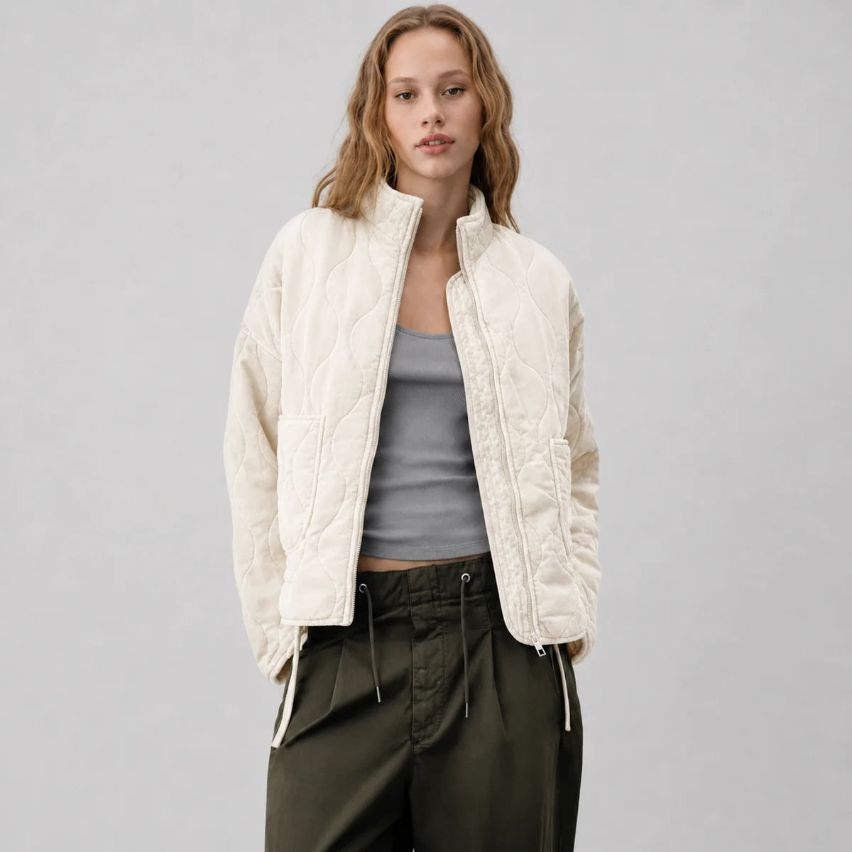 High Collar Quilted Jacket with Patch Pockets