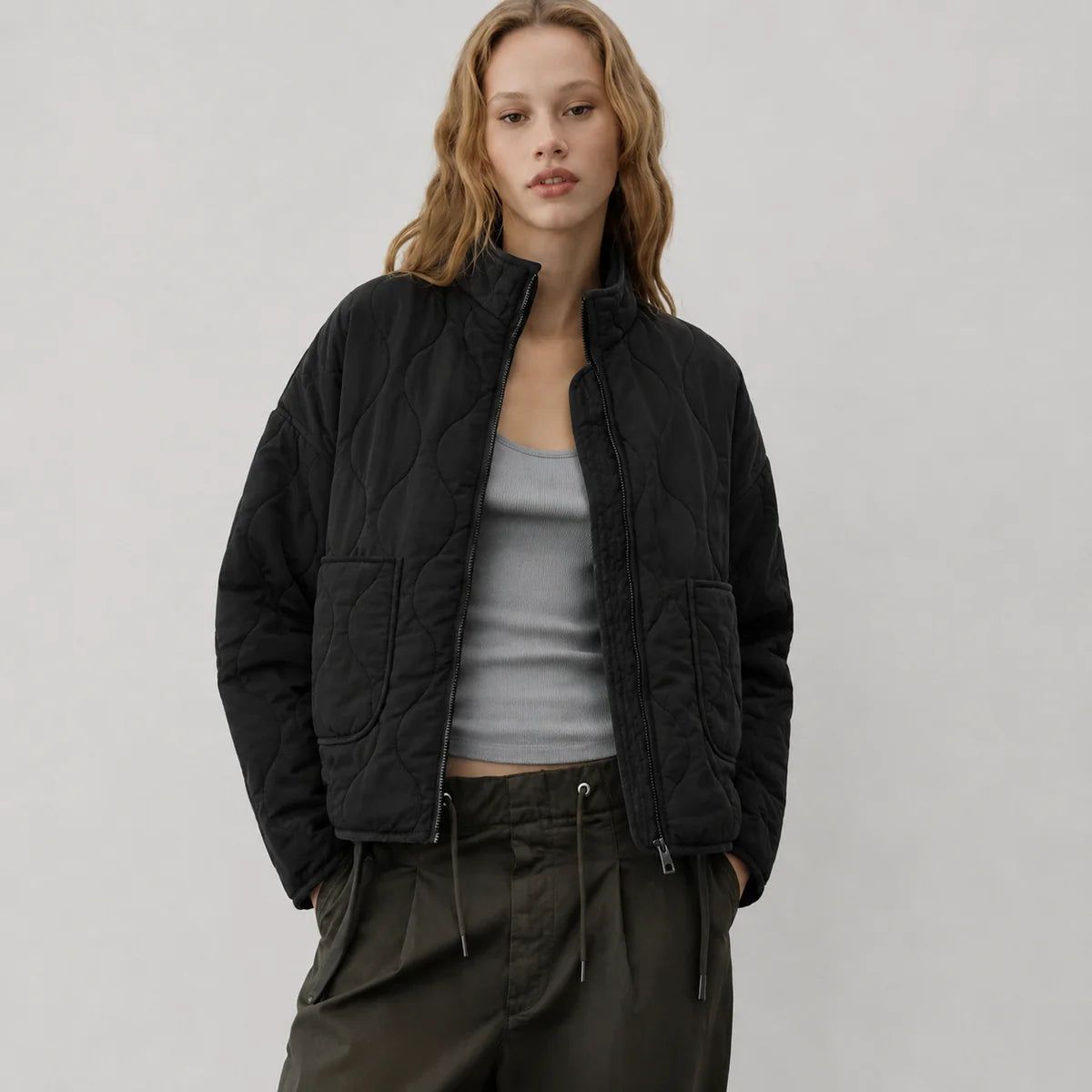 High Collar Quilted Jacket with Patch Pockets