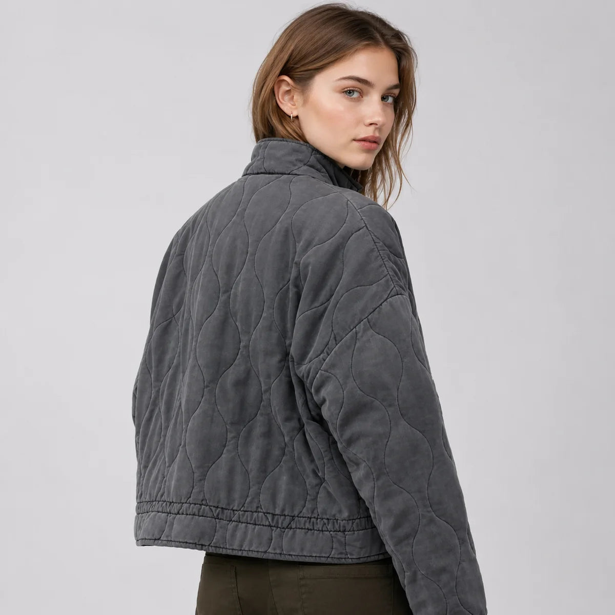 High Collar Quilted Jacket with Patch Pockets