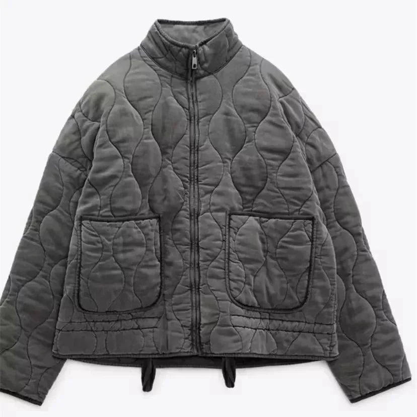High Collar Quilted Jacket with Patch Pockets