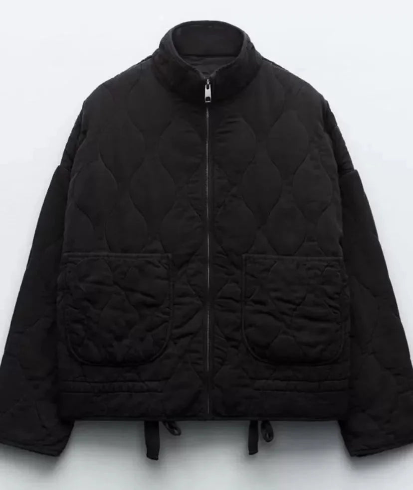 High Collar Quilted Jacket with Patch Pockets
