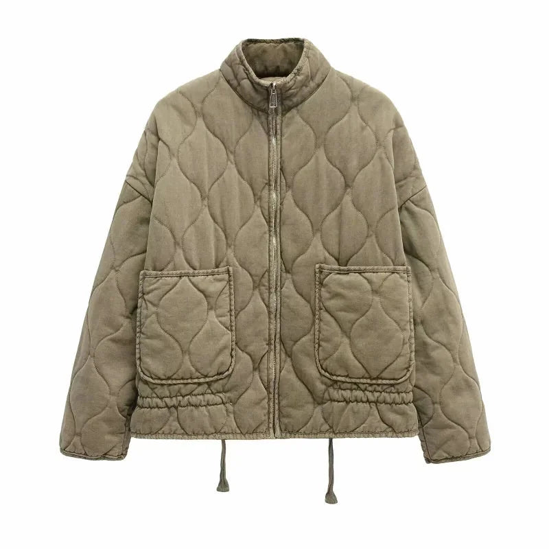 High Collar Quilted Jacket with Patch Pockets