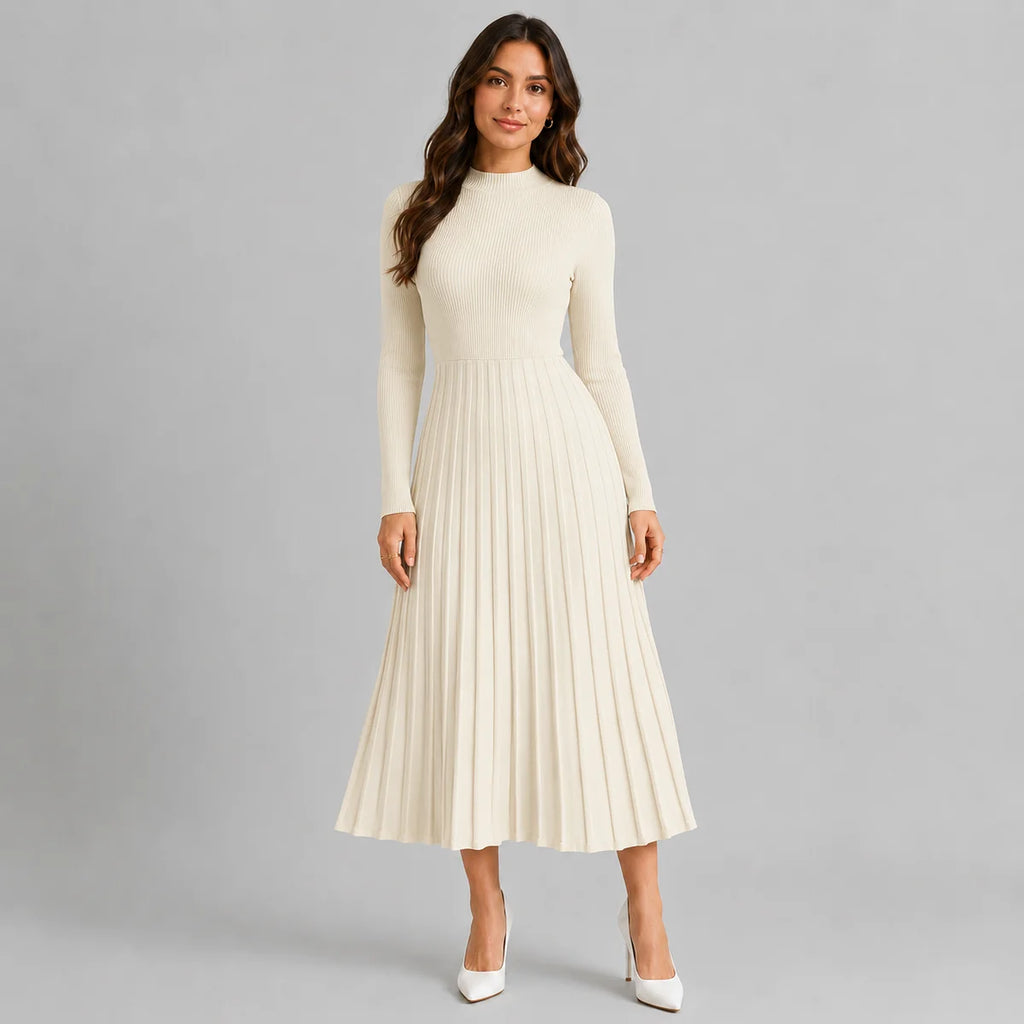 High Neck Long Sleeve Knit Midi Sweater Dress