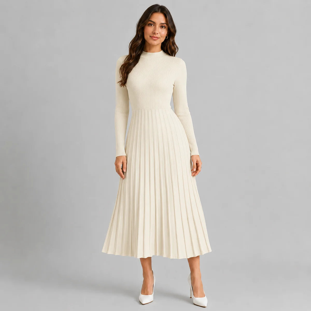 High Neck Long Sleeve Knit Midi Sweater Dress