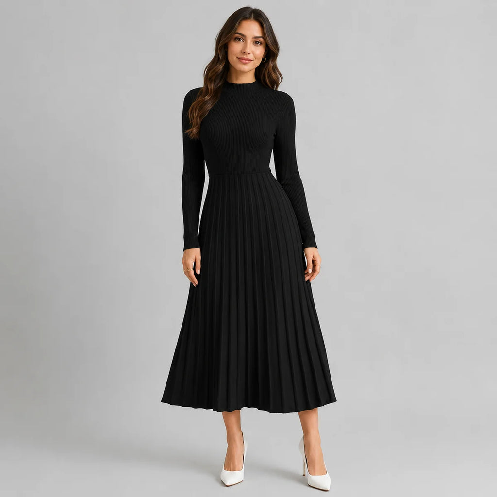 High Neck Long Sleeve Knit Midi Sweater Dress