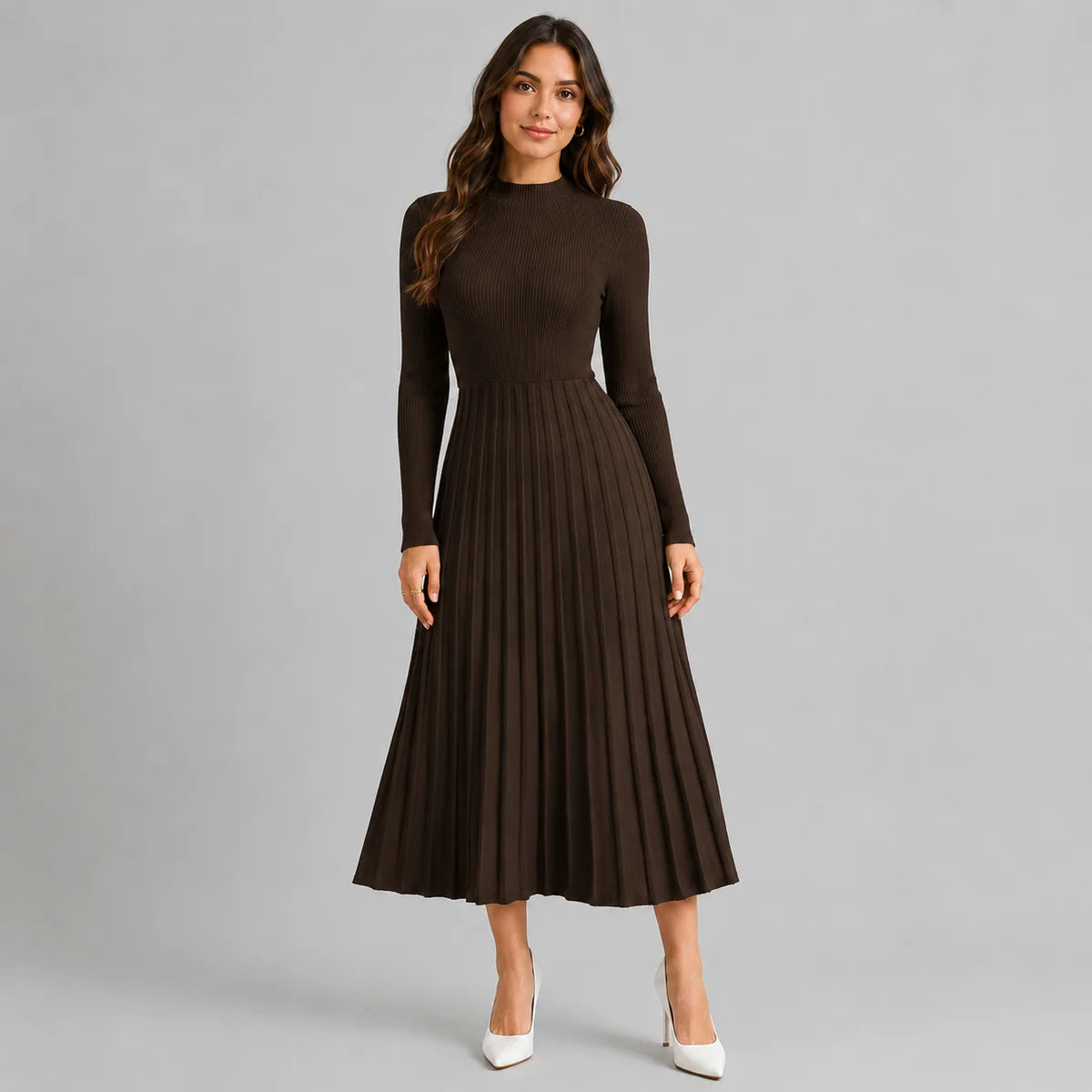 High Neck Long Sleeve Knit Midi Sweater Dress