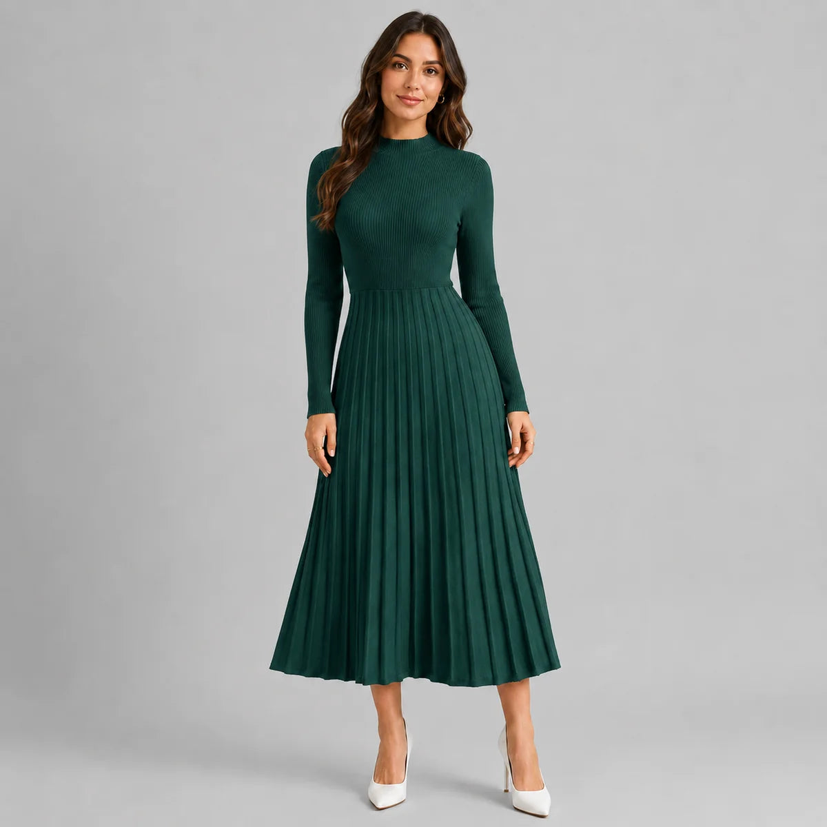 High Neck Long Sleeve Knit Midi Sweater Dress