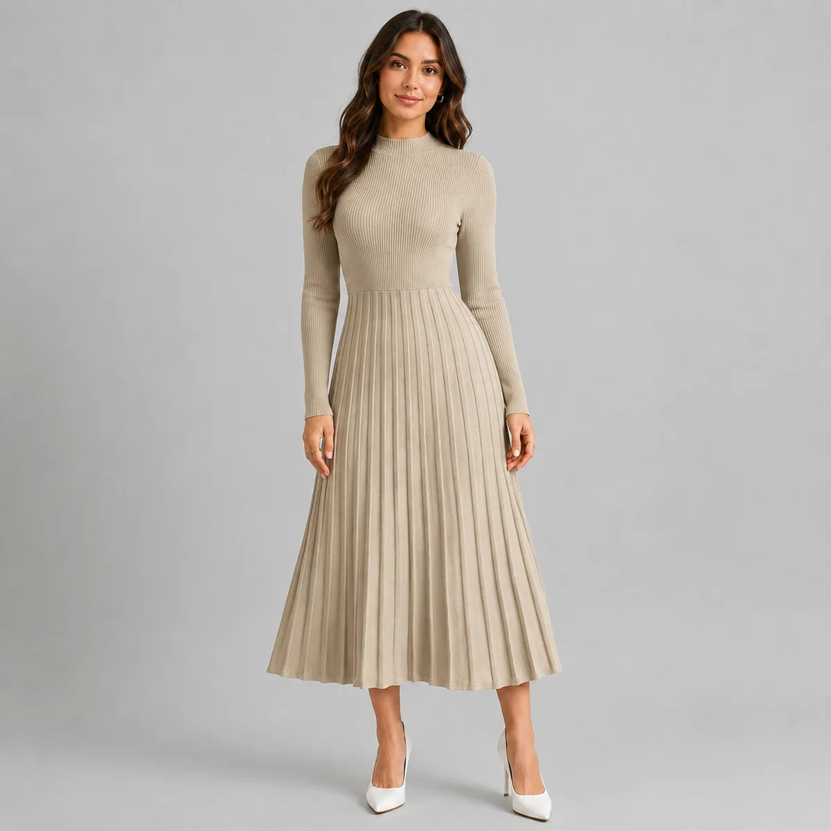 High Neck Long Sleeve Knit Midi Sweater Dress