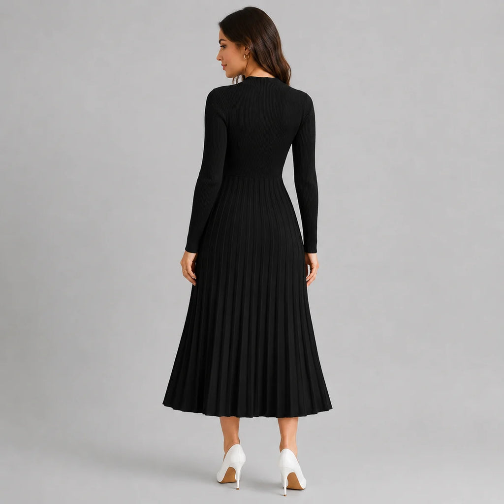 High Neck Long Sleeve Knit Midi Sweater Dress