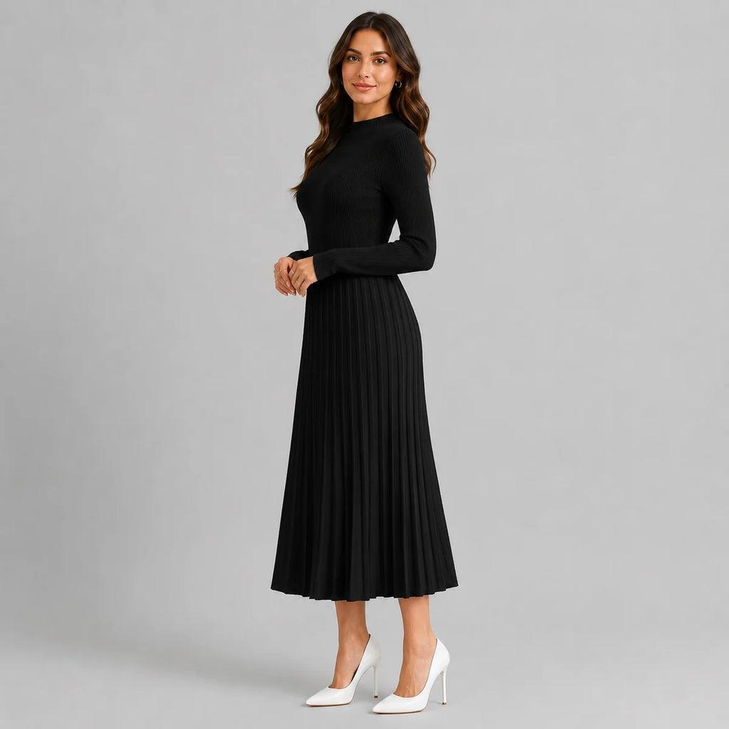 High Neck Long Sleeve Knit Midi Sweater Dress