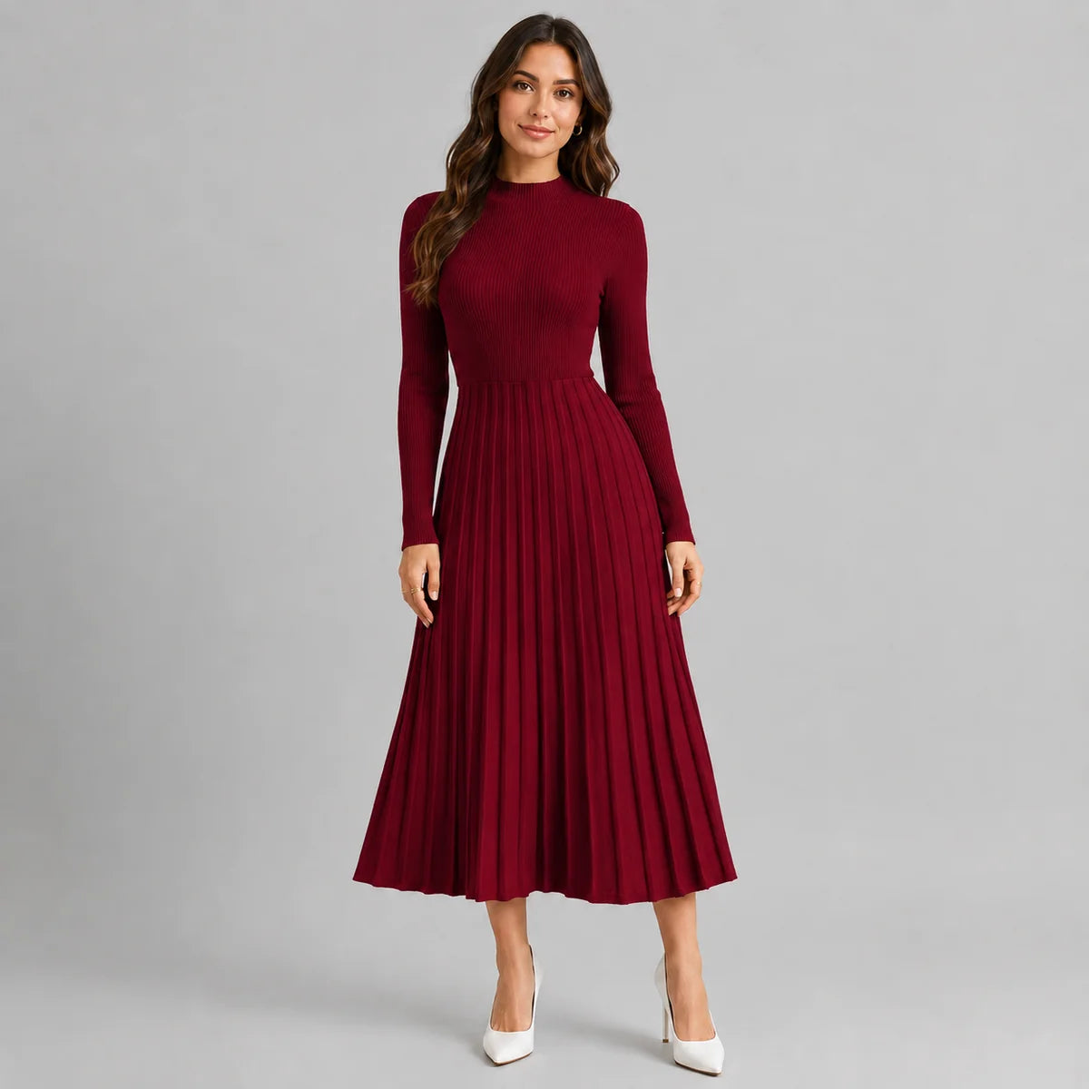 High Neck Long Sleeve Knit Midi Sweater Dress