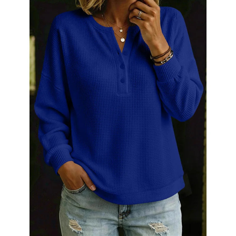 waffle knit henley women – Blue