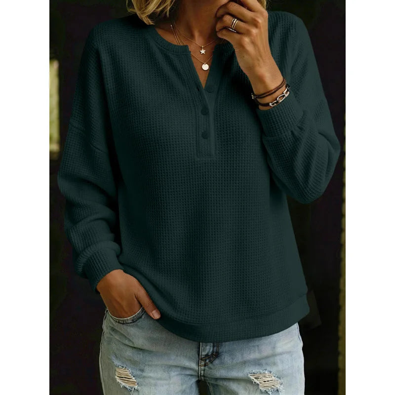 waffle knit henley women – Dark Green