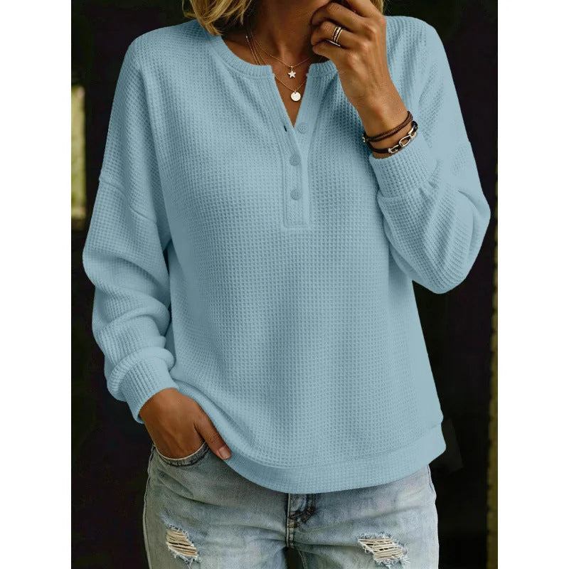 waffle knit henley women – Sky Blue