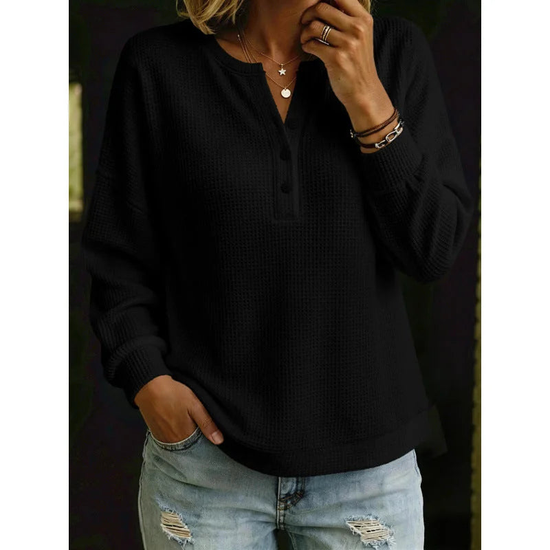 waffle knit henley women – Black