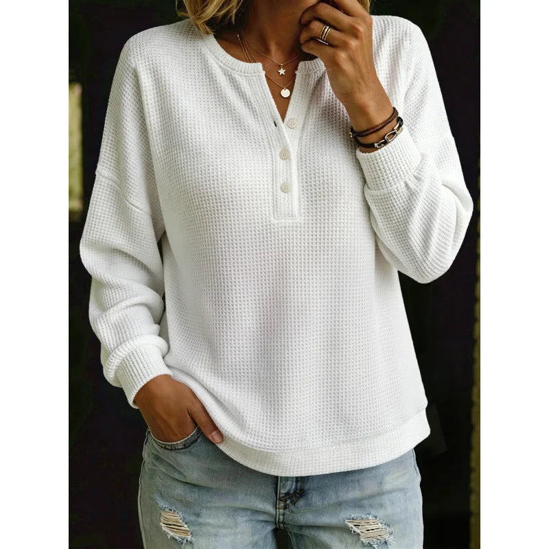 waffle knit henley women – White