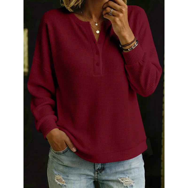 waffle knit henley women – Wine Red