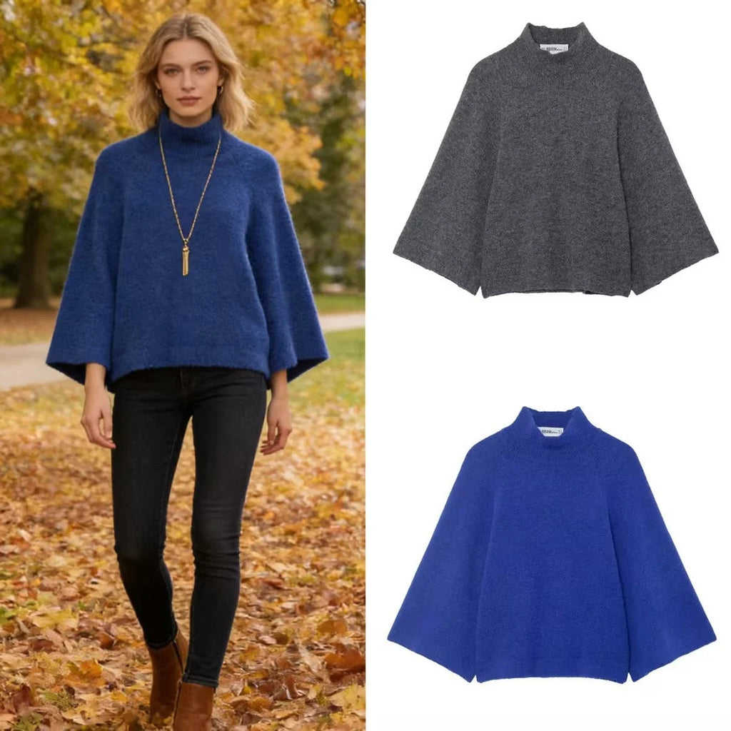 Knit Poncho Wool Blend Stand Collar