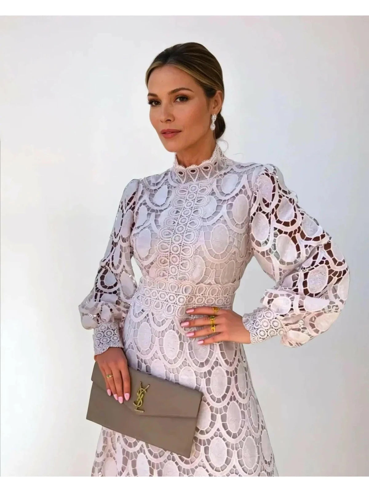 Long Sleeve Lace Midi Dress with Mock Neck