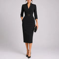 Midi Dress Belted V Neck Long Sleeve