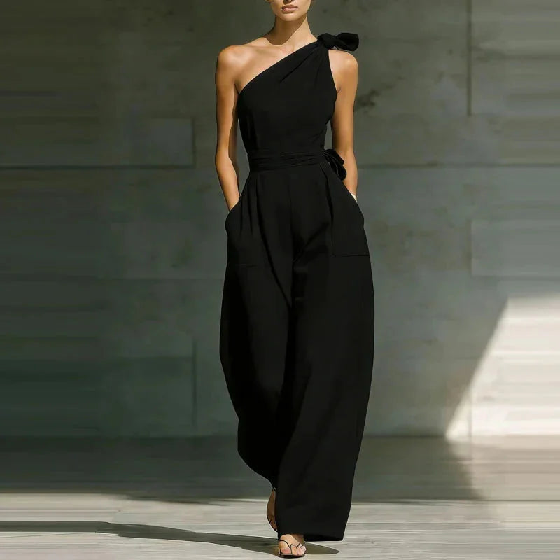 One Shoulder Wide Leg Jumpsuit with Bow