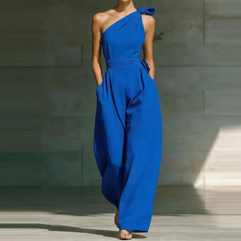 One Shoulder Wide Leg Jumpsuit with Bow