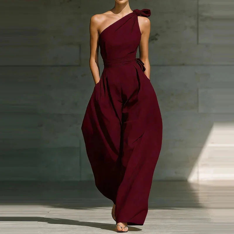 One Shoulder Wide Leg Jumpsuit with Bow