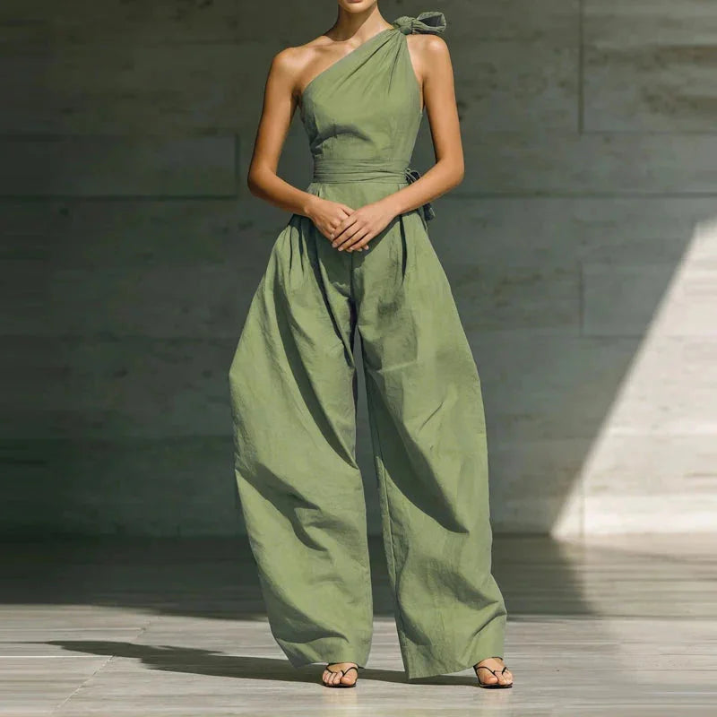 One Shoulder Wide Leg Jumpsuit with Bow