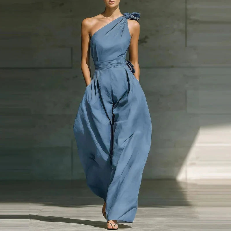 One Shoulder Wide Leg Jumpsuit with Bow