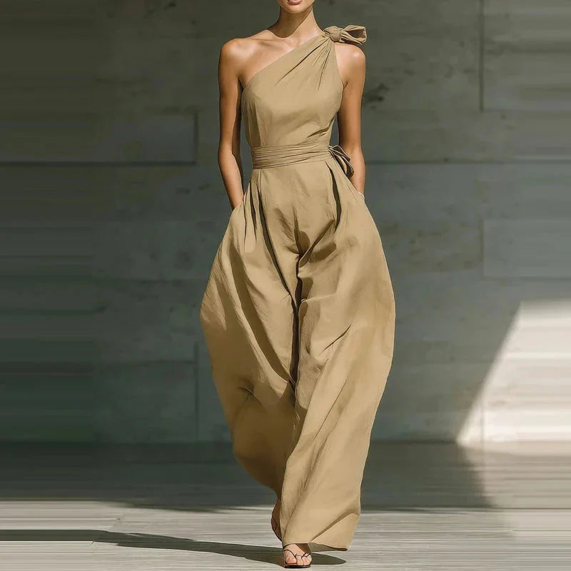 One Shoulder Wide Leg Jumpsuit with Bow