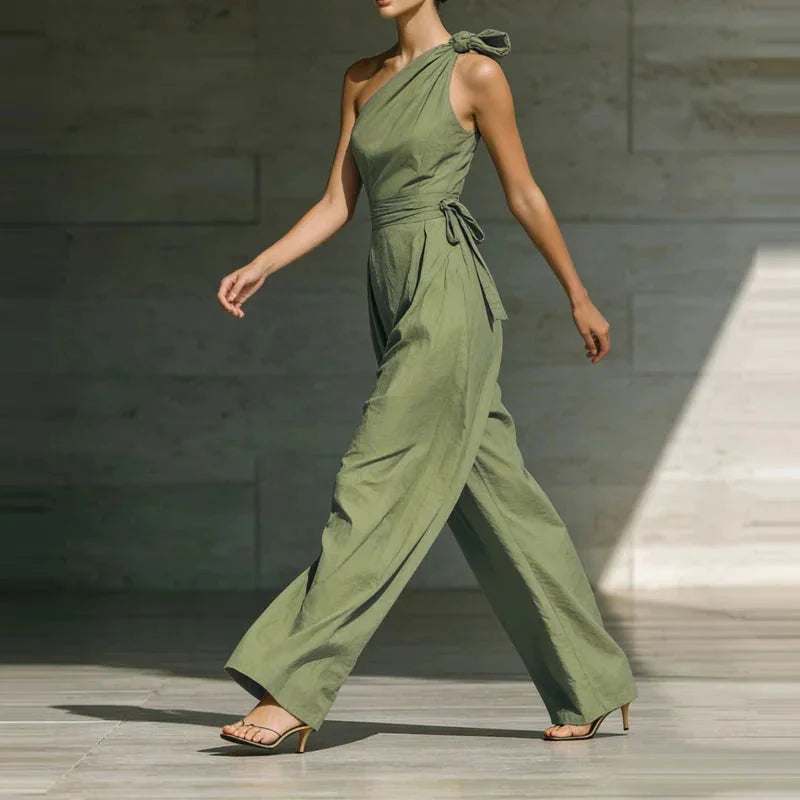 One Shoulder Wide Leg Jumpsuit with Bow
