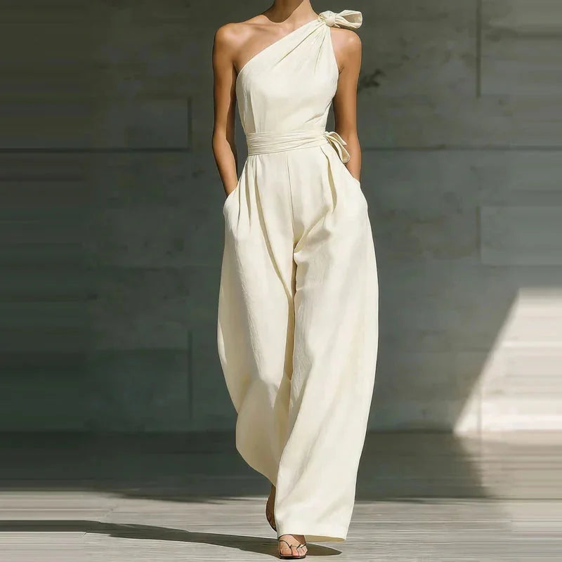 One Shoulder Wide Leg Jumpsuit with Bow