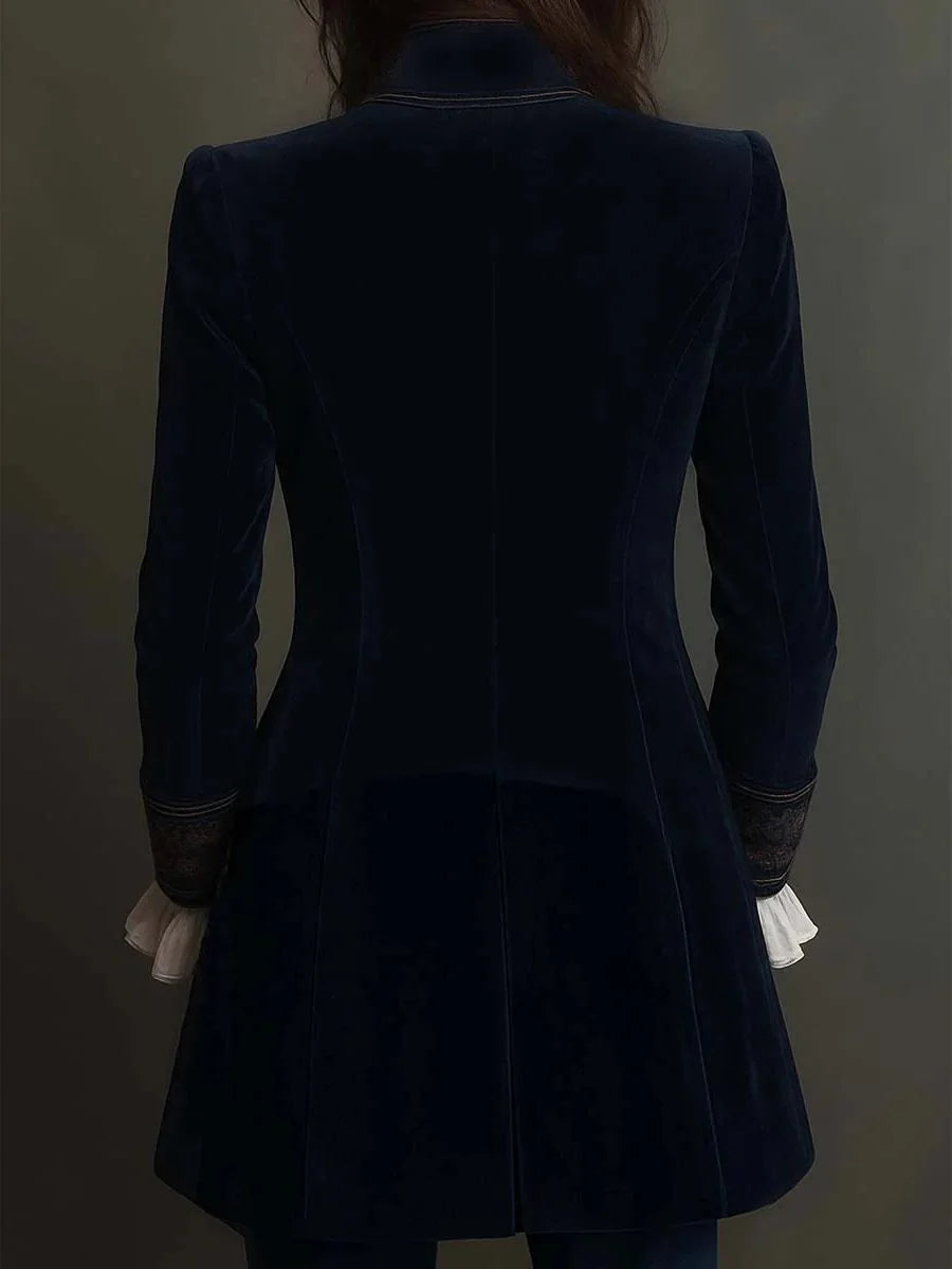 Paola Velvet Long Blazer for Women - Vintage Embroidered Lapels