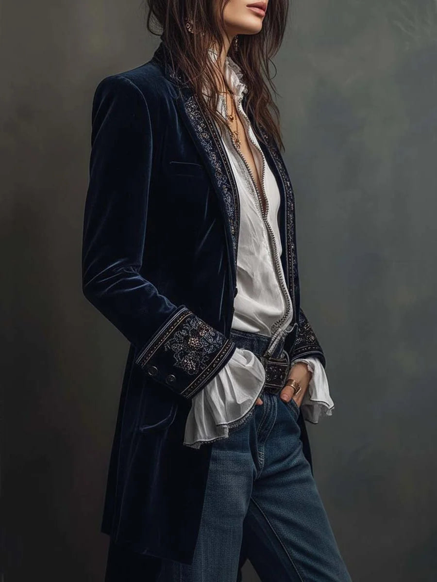 Paola Velvet Long Blazer for Women - Vintage Embroidered Lapels