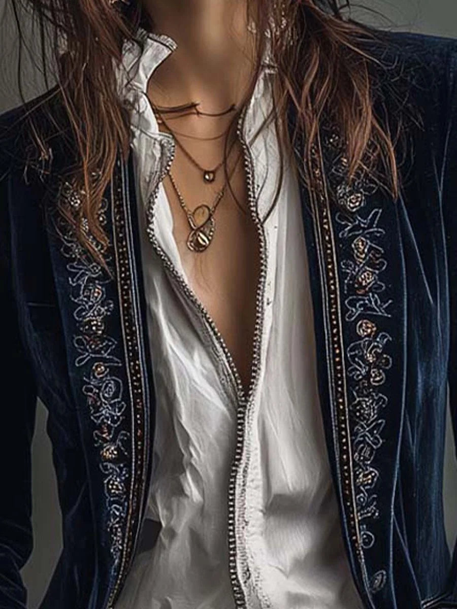 Paola Velvet Long Blazer for Women - Vintage Embroidered Lapels